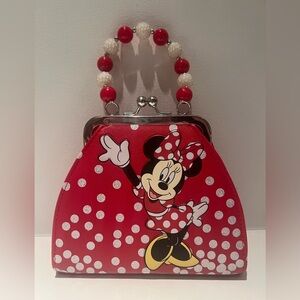 NWOT Disneyland Small Minnie Mouse Red and Silver Polka Dot Clutch Bow Purse